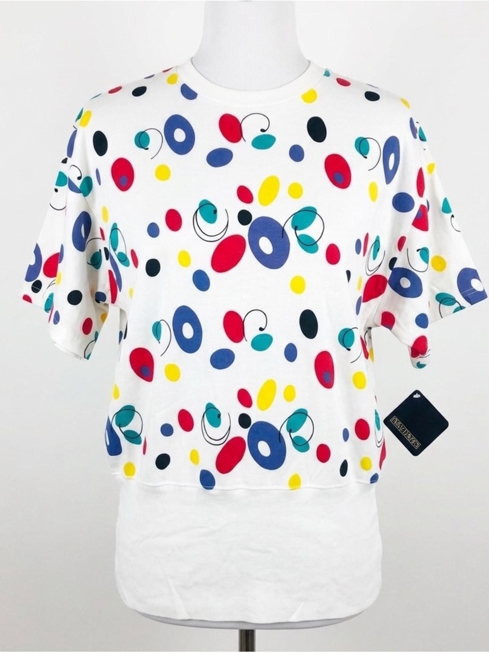 Vintage 80s Evan Davies Color Pop Circles Dots Swirl Short Sleeve Top Medium